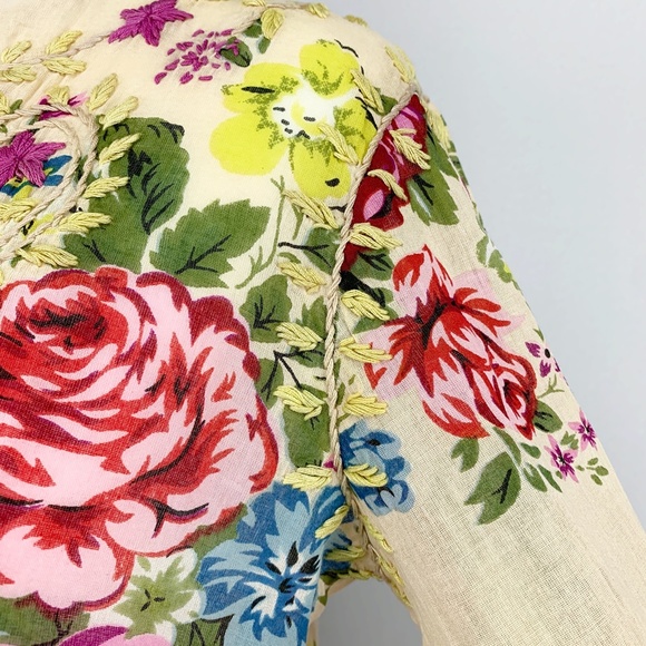 Tops - 100% Cotton Embroidered Floral Print Tunic Top